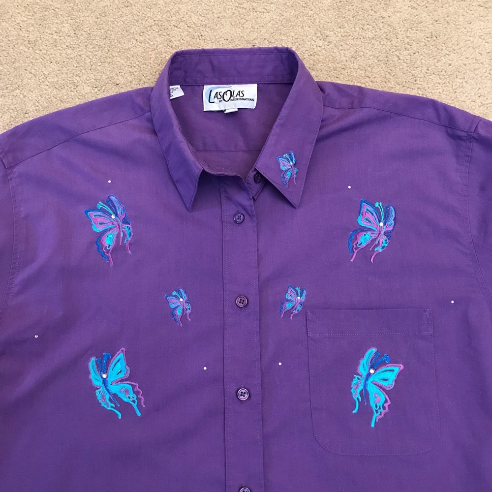 Las Olas Purple Embroidered Button Down Long Sleeve Shirt Size XL Wearable Art